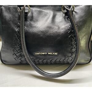 Antonio Melani Black Leather Shoulder Handbag Satchel Purse with Dust Bag Cover